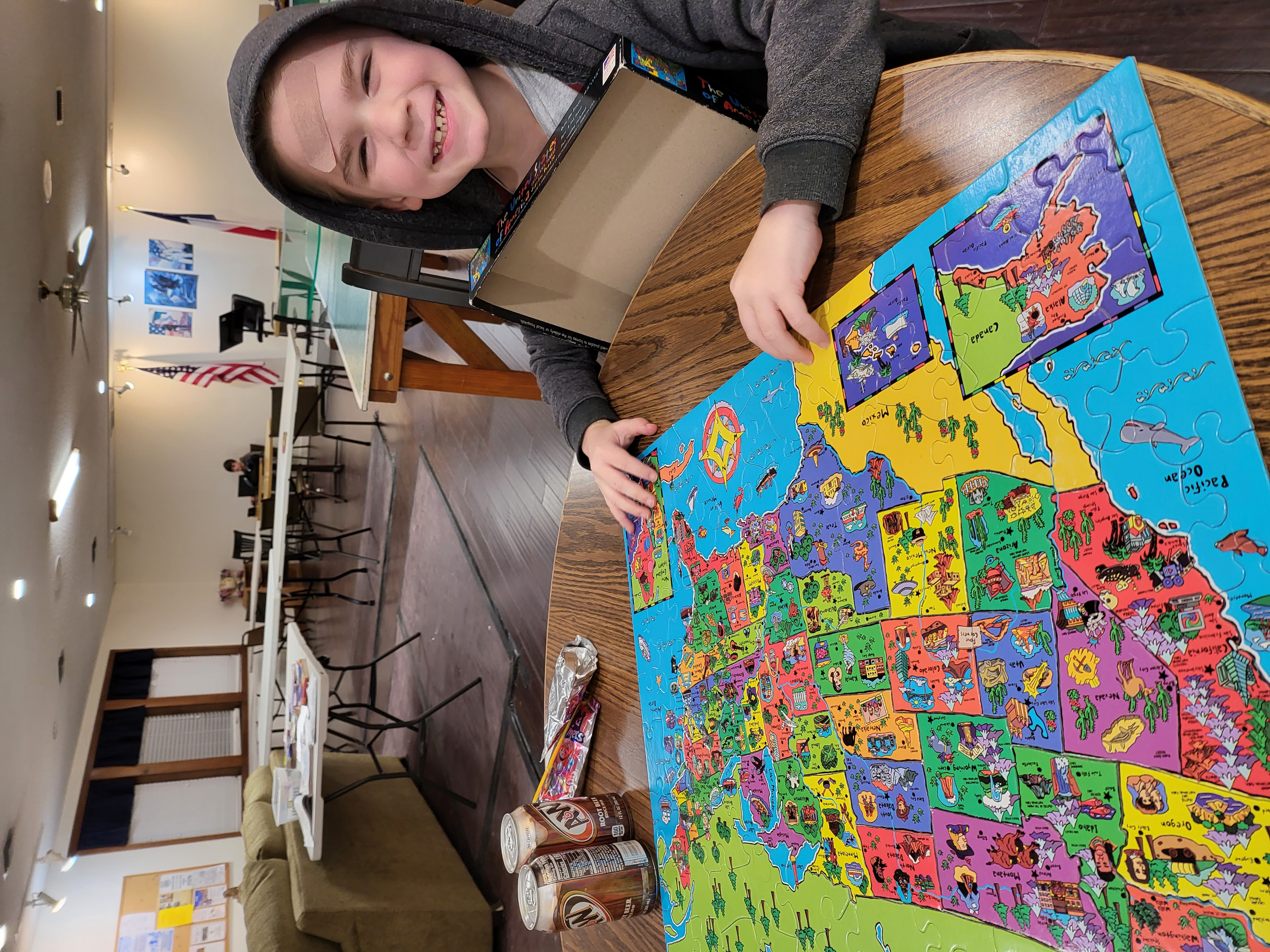 A completed United States map puzzle used as a geography activity.