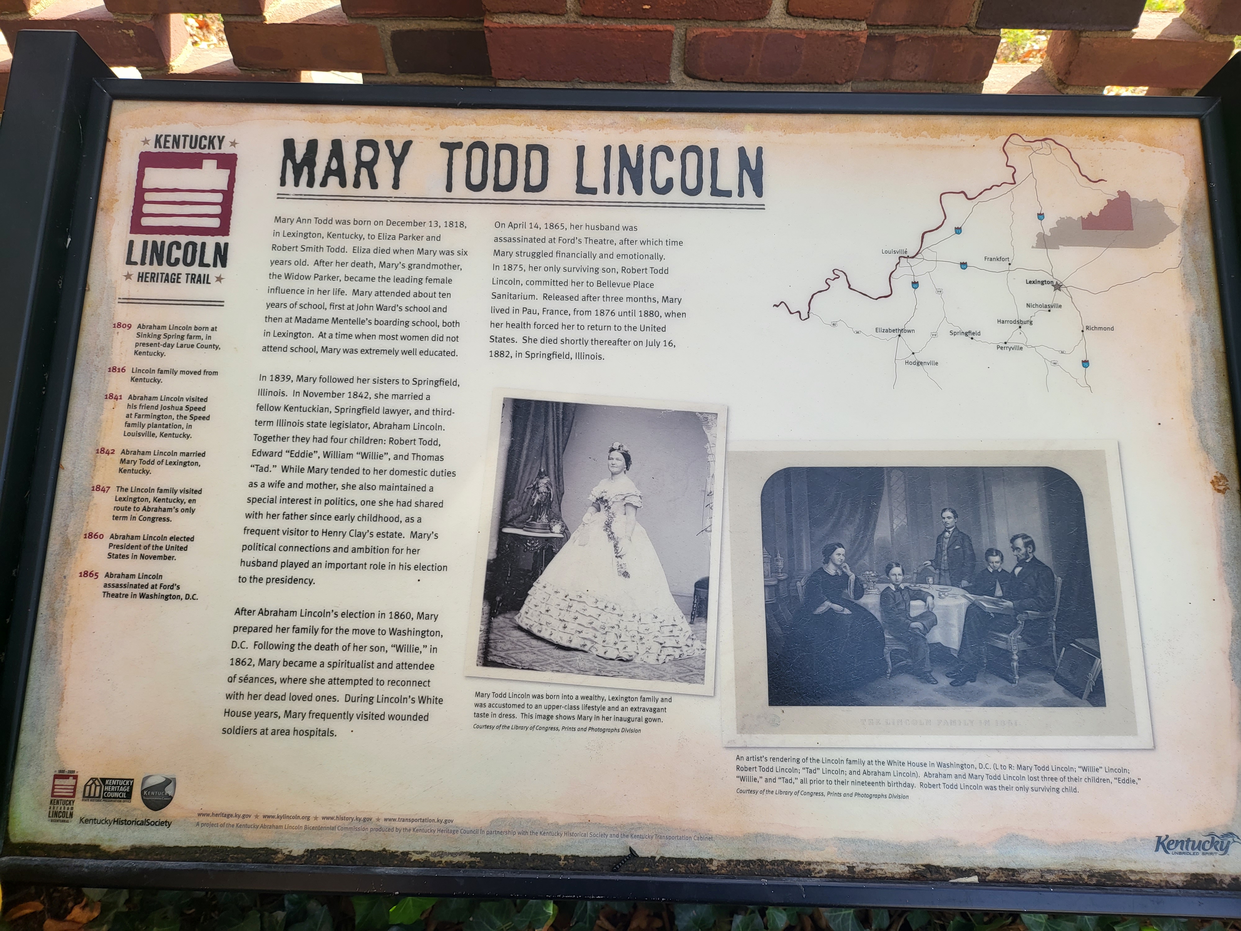 A Kentucky Lincoln Heritage Trail sign about Mary Todd Lincoln outside the Mary Todd Lincoln House in Lexington, Kentucky.