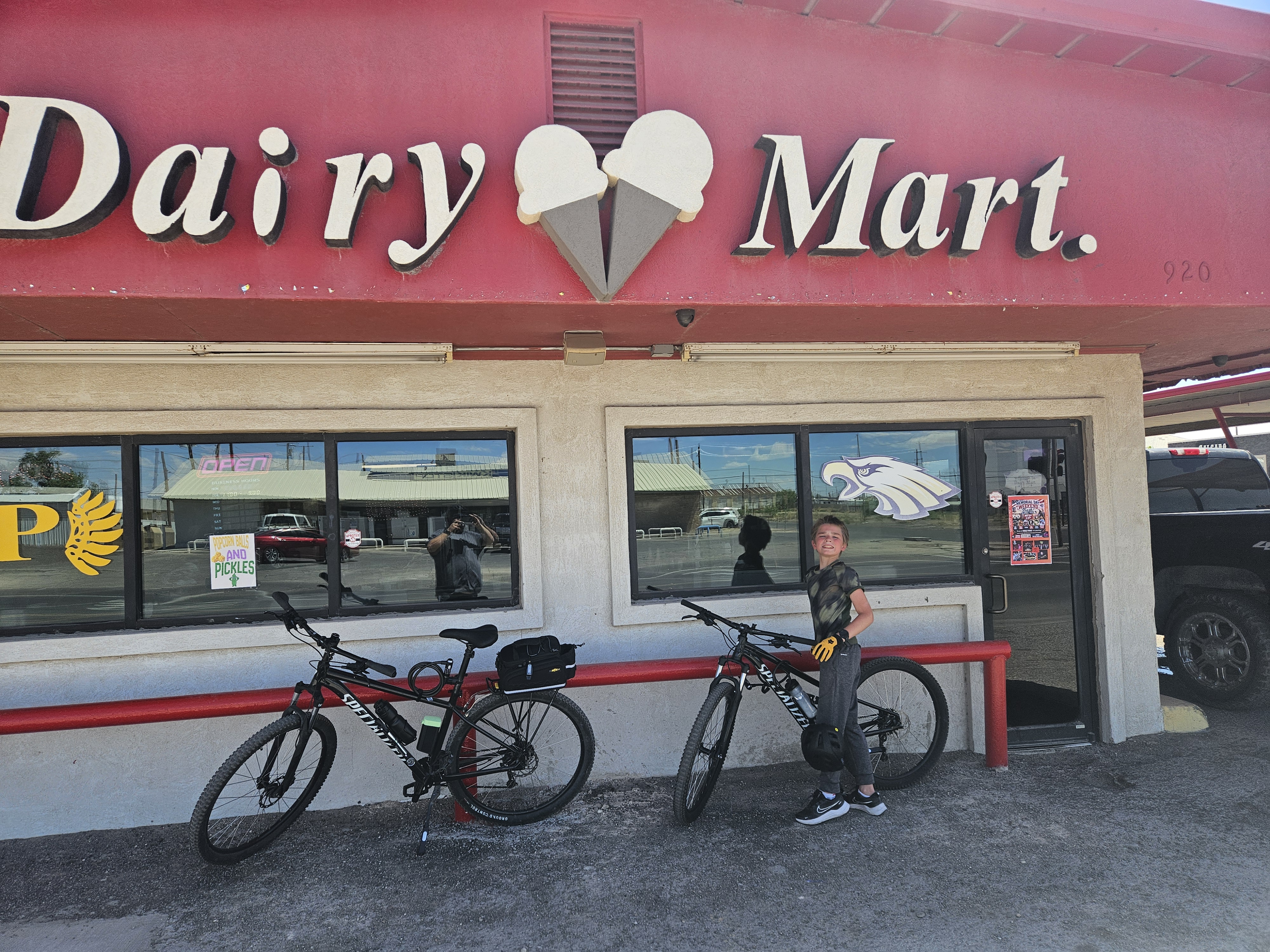 A bike parked outside during a stop for ice cream in Pecos, Texas.